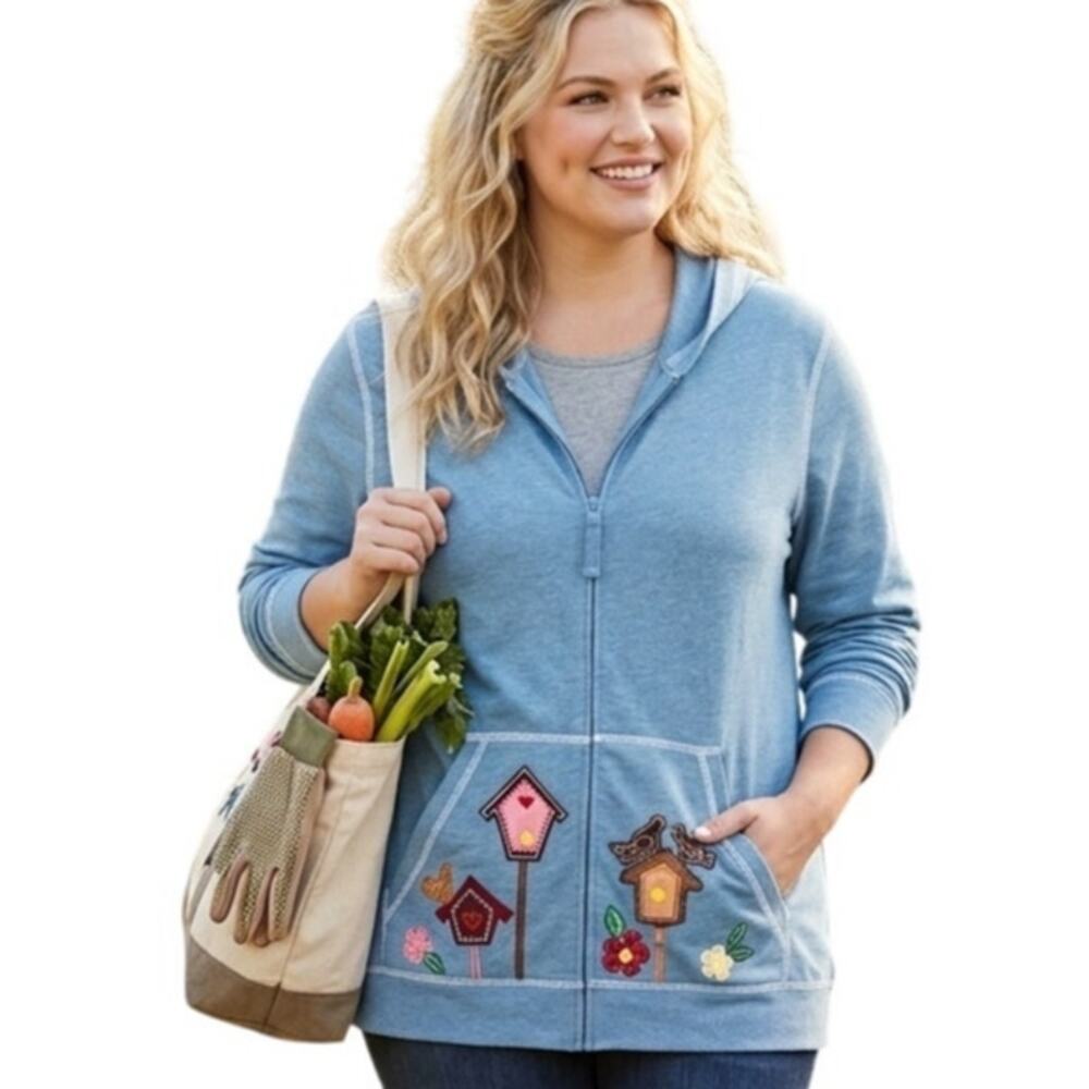 Quacker Factory Birdhouse Full Zip Hoodie Womens Large Blue Birds Jacket